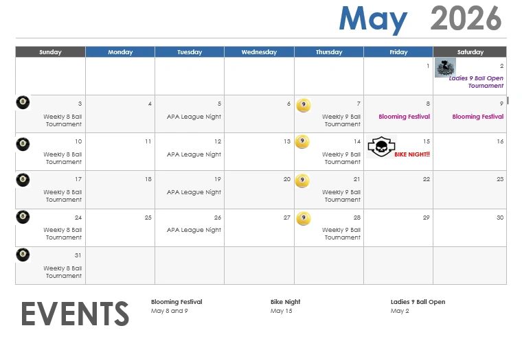 May 2026 calendar featuring weekly 8 and 9 ball tournaments, APA League nights, and special events.