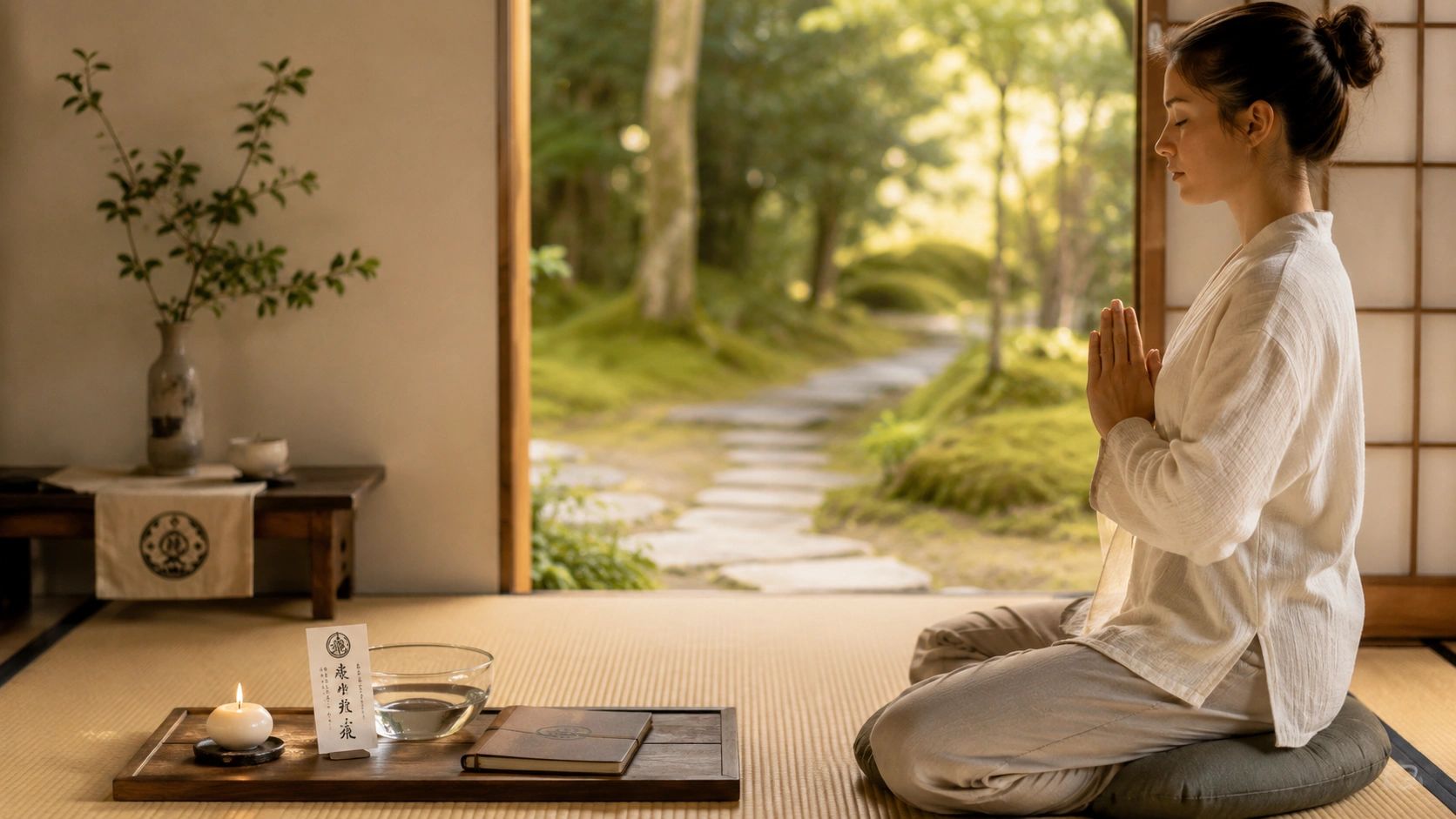 A woman meditates in a serene Japanese-style room overlooking a garden path.