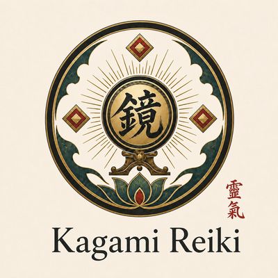 Elegant circular logo for Kagami Reiki with Japanese calligraphy and lotus motif.