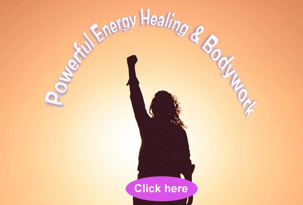 Silhouette of a person raising a fist under text about energy healing and bodywork.