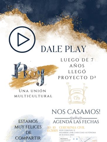 Invitación de boda multicultural con detalles dorados y texto elegante.