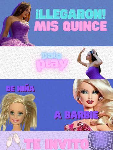 Collage showing a girl’s transformation from childhood Barbie to quinceañera celebration.