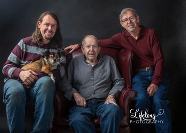 Lifelong Photography. Generational photo with son, grandpa, dad and family dog. Snohomish, WA