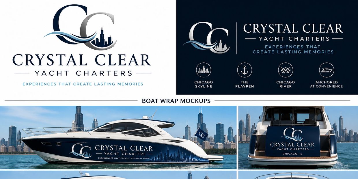 Boat wrap mockups for Crystal Clear Yacht Charters featuring Chicago skyline and branding.
