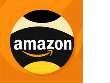 Amazon logo inside a circular design with black, yellow, and orange colors.