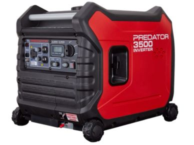 Portable red and black Predator 3500 inverter generator with wheels.
