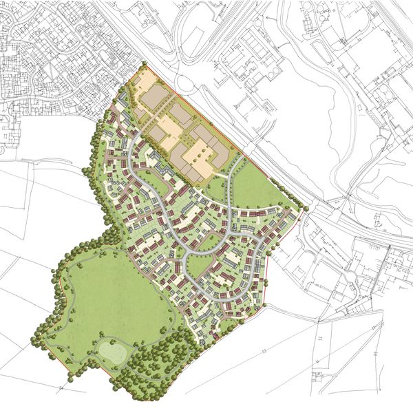 Detailed urban development plan with residential and green spaces.
