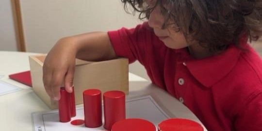 Child matching red cylinders to their corresponding flat circles in a learning activity.