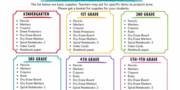 Basic school supplies list for grades kindergarten to 7th grade.
