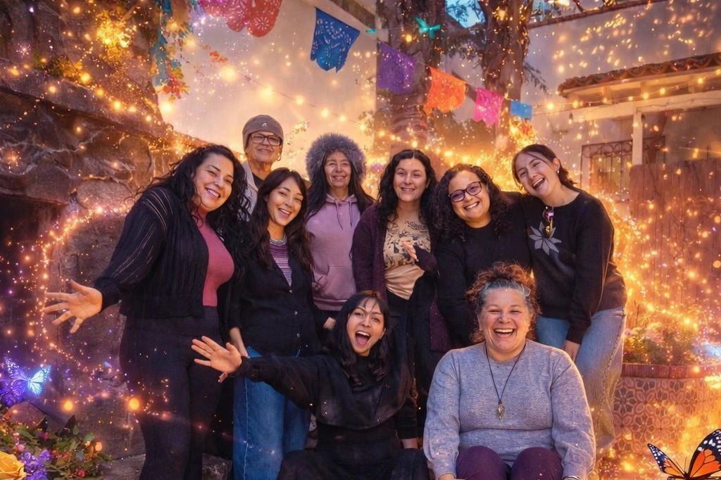 Group of friends smiling outdoors with magical light effects.