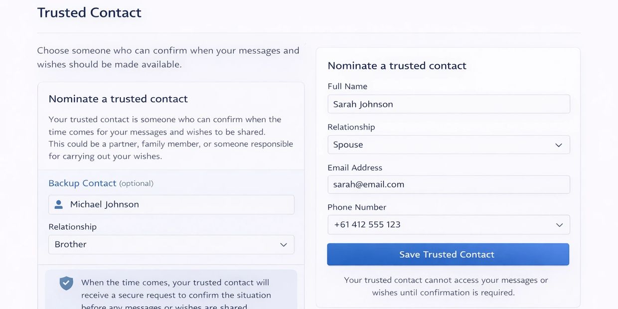 User interface for nominating a trusted contact with personal details and relationship options.