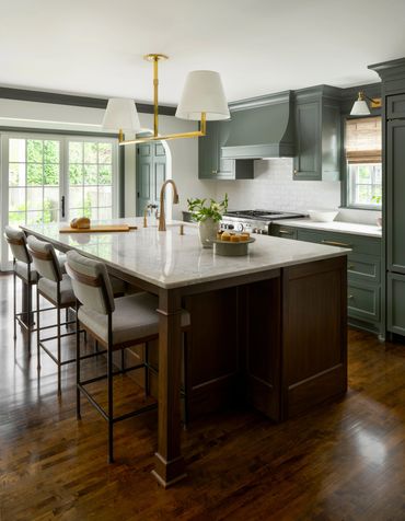 Green cabinets, large island kitchen addition