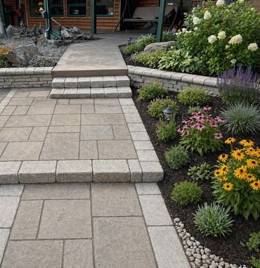 A beautifully landscaped garden with stone pathways and vibrant flowers.