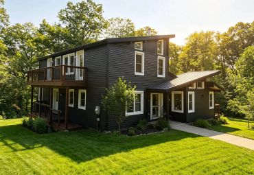 Modern two-story house with dark siding in a green yard.