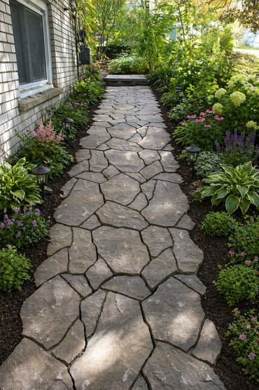 Stone pathway bordered by lush greenery and flowers beside a house.