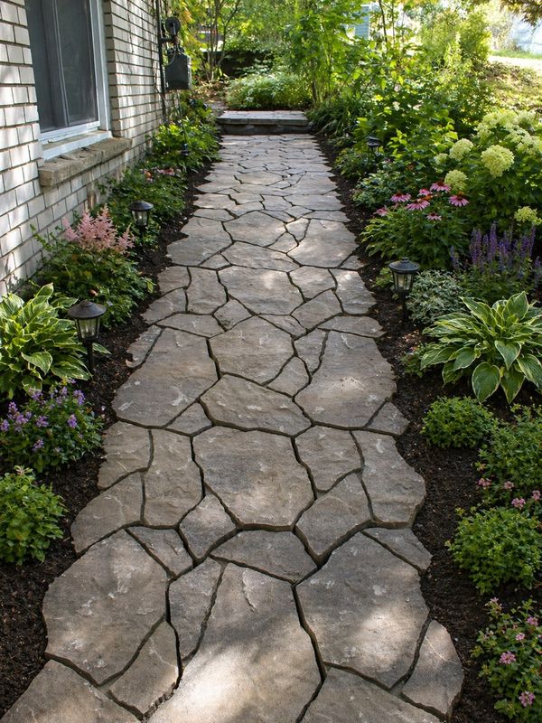 Stone pathway lined with plants and garden lights beside a house.