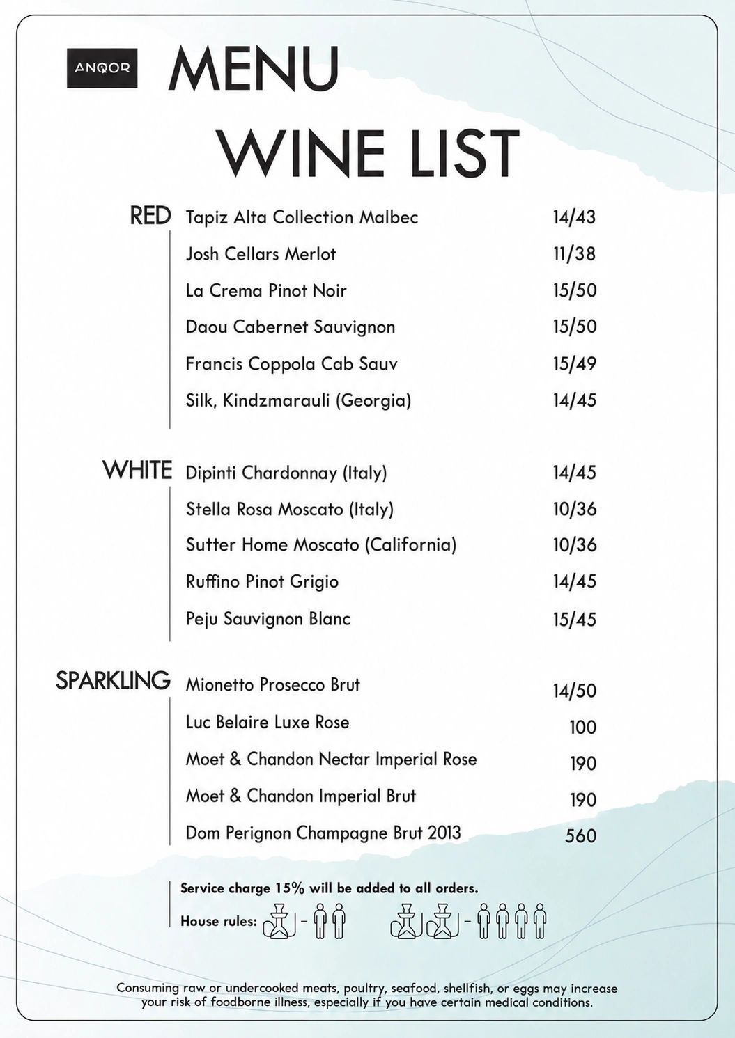 Wine menu listing red, white, and sparkling wines with prices.