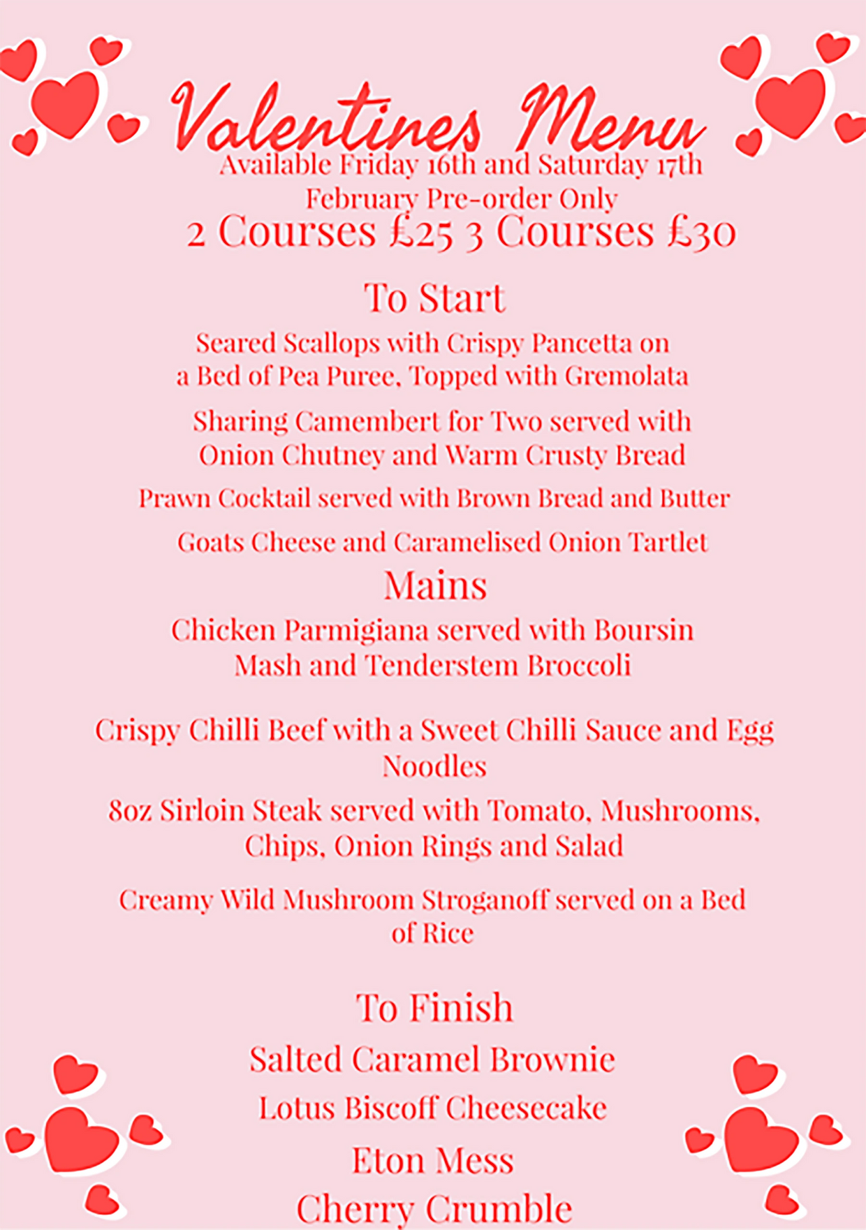 A special Valentine's Menu at The Faulkland Inn