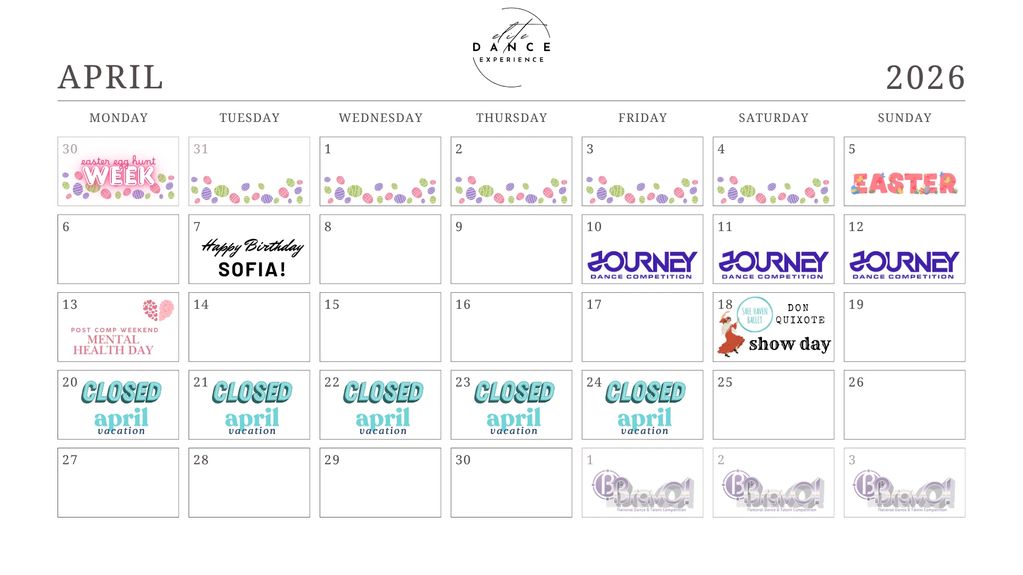 April 2026 dance studio calendar with events and closures.