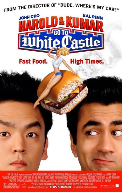 Harold & Kumar Go to White Castle: John Cho and Kal Penn holding a white castle burger on their head