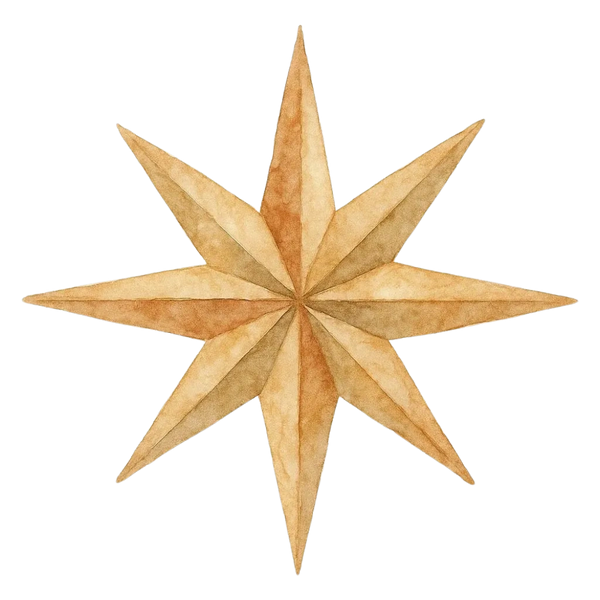 Watercolor eight-pointed star with warm brown tones.