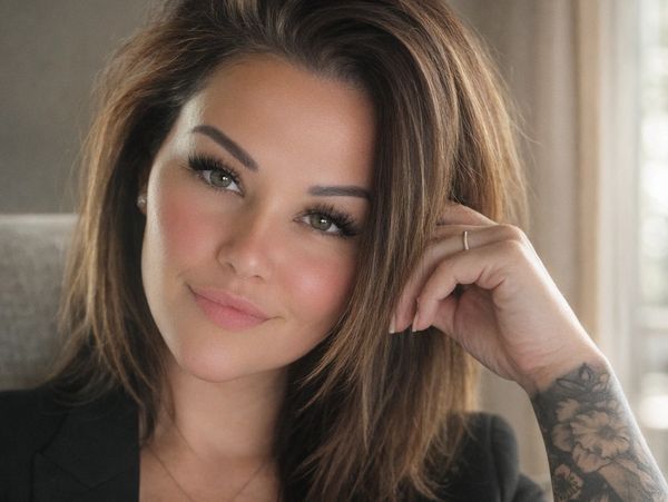 A confident woman with tattoos, wearing a black blazer, smiling warmly.