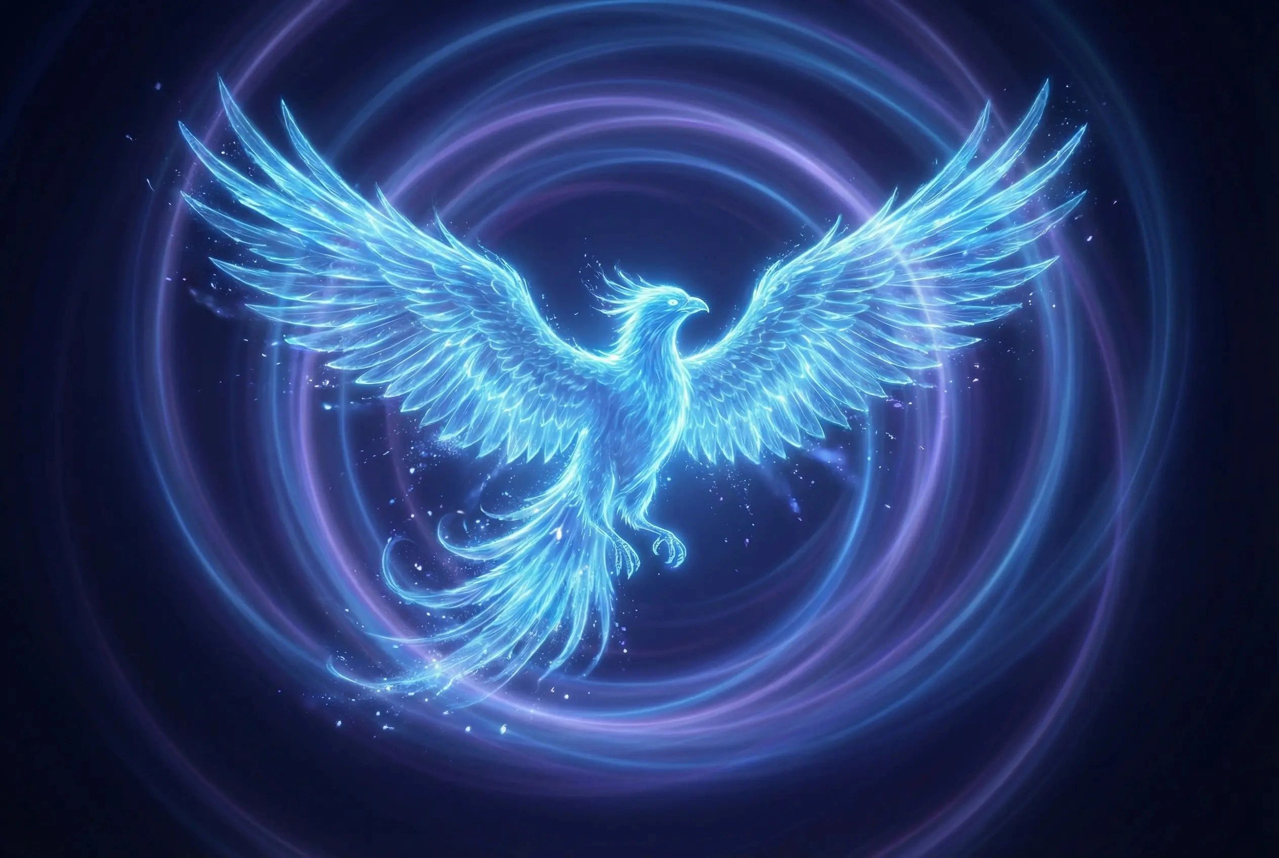 A glowing blue phoenix rising with radiant wings in a swirling vortex.