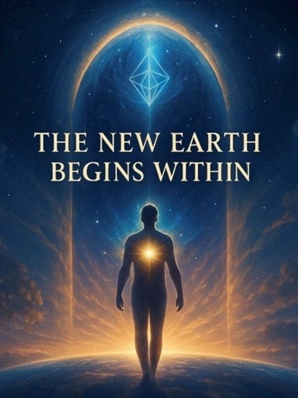 Silhouette with glowing heart under a cosmic arch, text: The New Earth Begins Within.