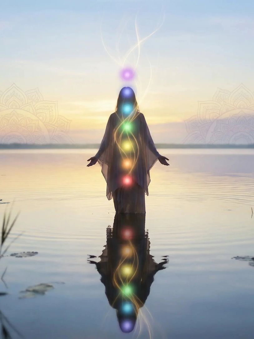 Person meditating with illuminated chakras by a serene lake at sunset.