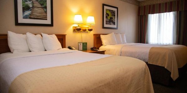Two neatly made beds in a warmly lit hotel room.