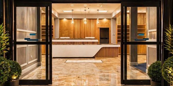 Modern hotel lobby with wooden accents and glass doors.