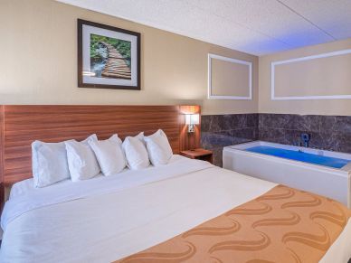 Cozy hotel room with a bed and indoor jacuzzi.