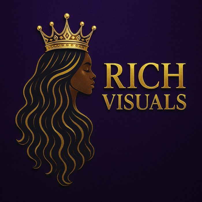 Elegant logo featuring a crowned woman with flowing hair and golden text reading 'RICH VISUALS'.