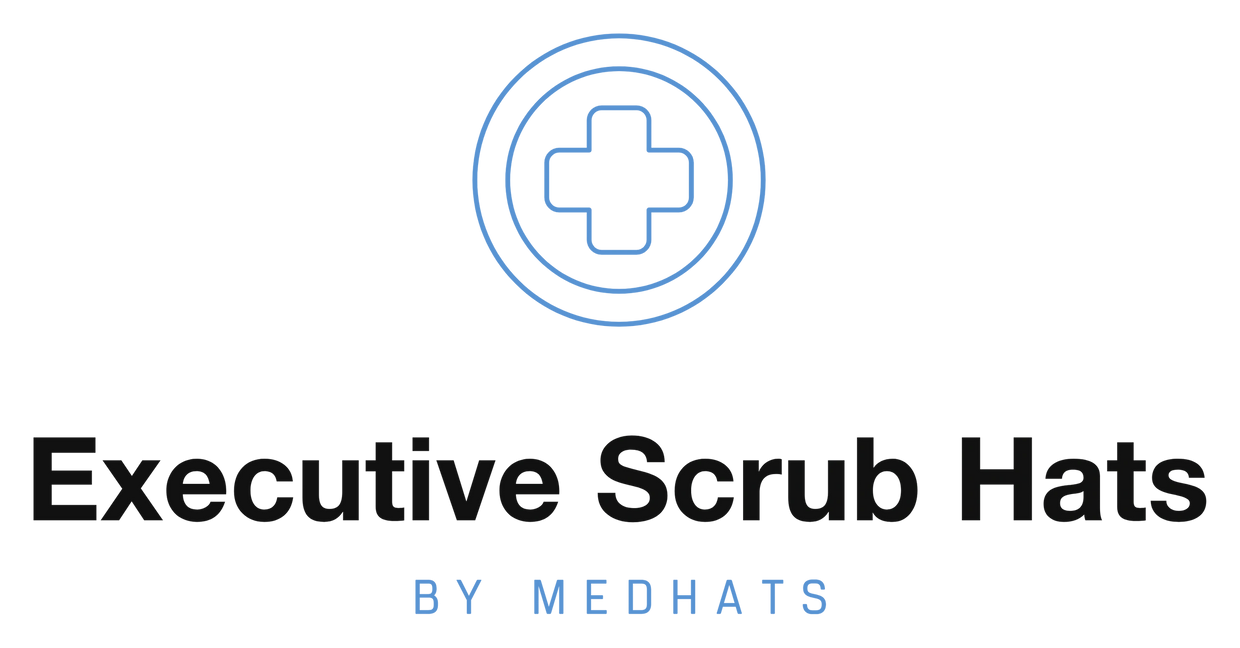Logo of Executive Scrub Hats by Medhats with a medical cross symbol.