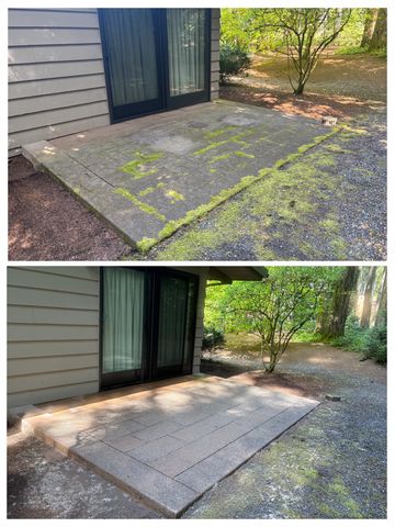 Before and after cleaning a moss-covered patio outside a house.