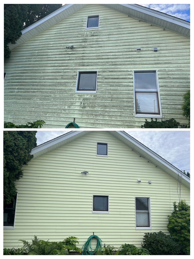 Side of a house before and after cleaning mildew and dirt from the siding.