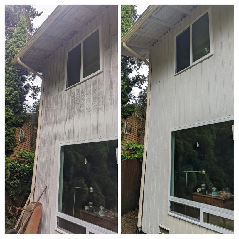 Before and after cleaning a house exterior with visible dirt and grime removed.