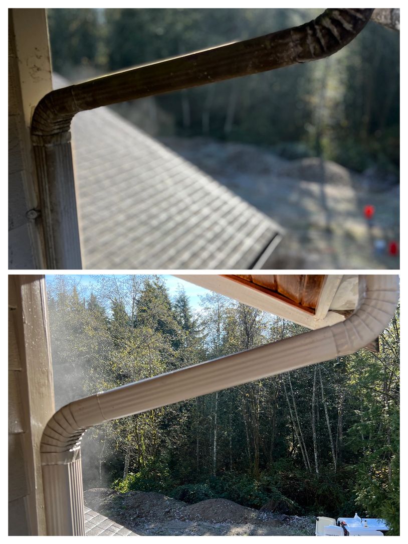 Before and after images of a cleaned gutter downspout on a house.
