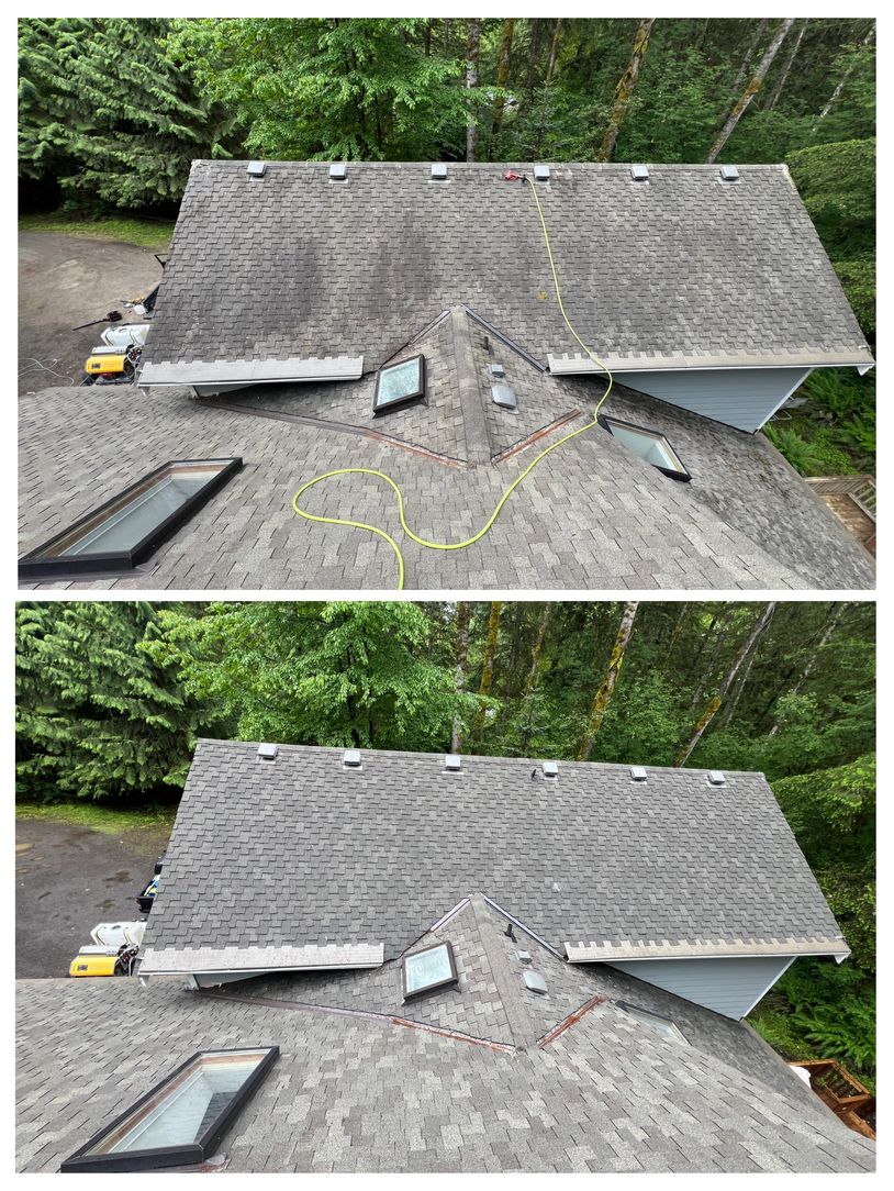 Two images showing a roof before and after cleaning, highlighting the removal of dark stains.