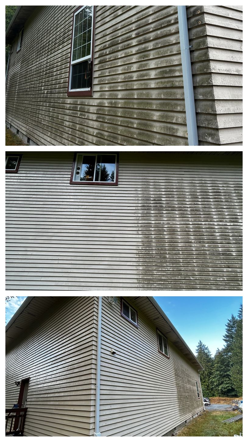 Dirty and clean sections on house siding show before and after cleaning.