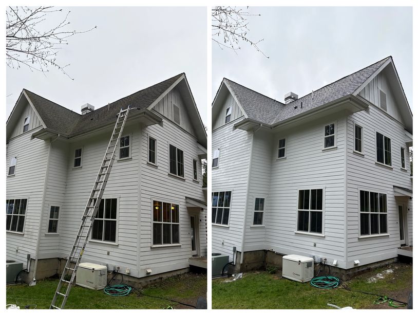 Side-by-side photos showing a dirty roof, covered in algae on the left and the same roof after being cleaned on the right