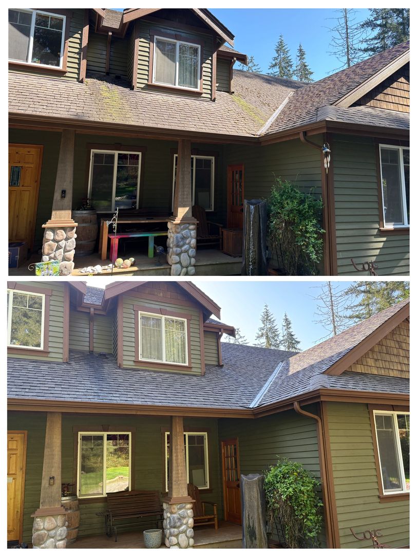 Before and after photos of a house porch with cleaned roof and organized furniture.