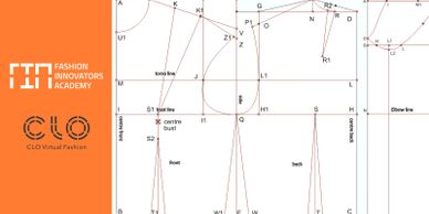 Technical flat pattern draft for garment construction showing various body and garment lines.