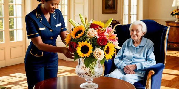 A caregiver arranging beautiful flowers in a vase, while a client is sitting and smiling contently. 