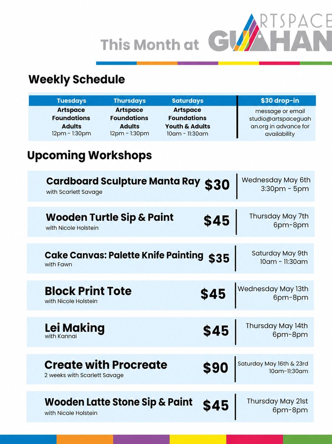 Artspace Guahan offers weekly adult art foundations and various creative workshops this May.