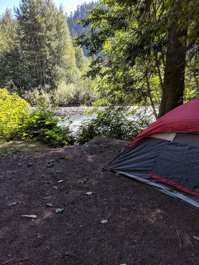 A red and gray tent pitched near a river surrounded by trees.