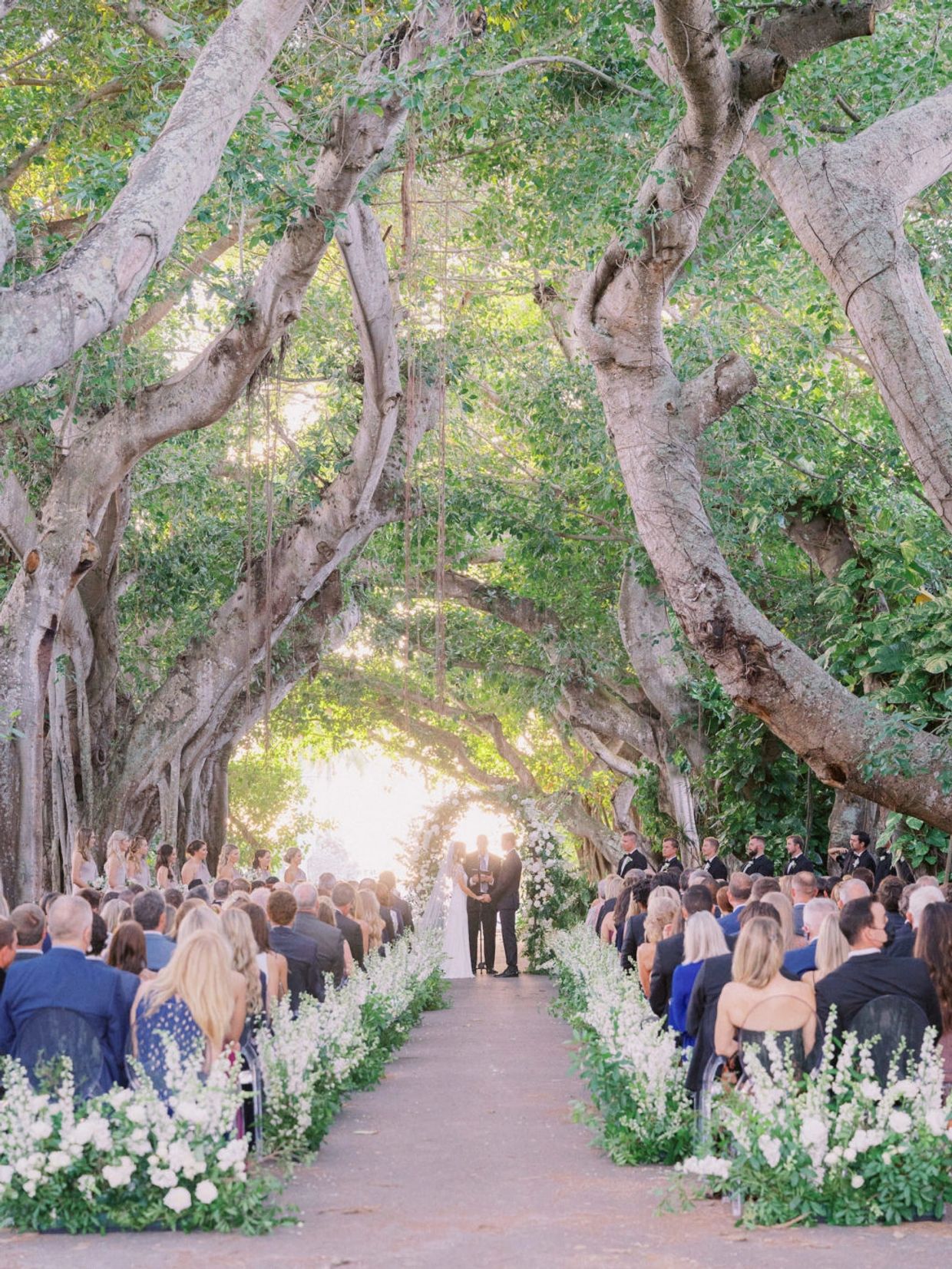 Outdoor wedding ceremony under large, leafy trees with floral decorations.