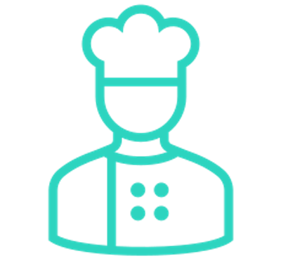 Icon of a chef wearing a hat and uniform.