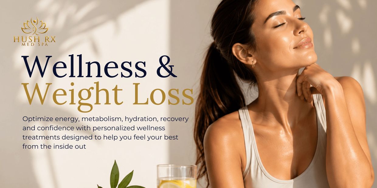 Elegant woman with glowing, healthy and hydrated skin. Wellness treatments available at Hush Rx med 