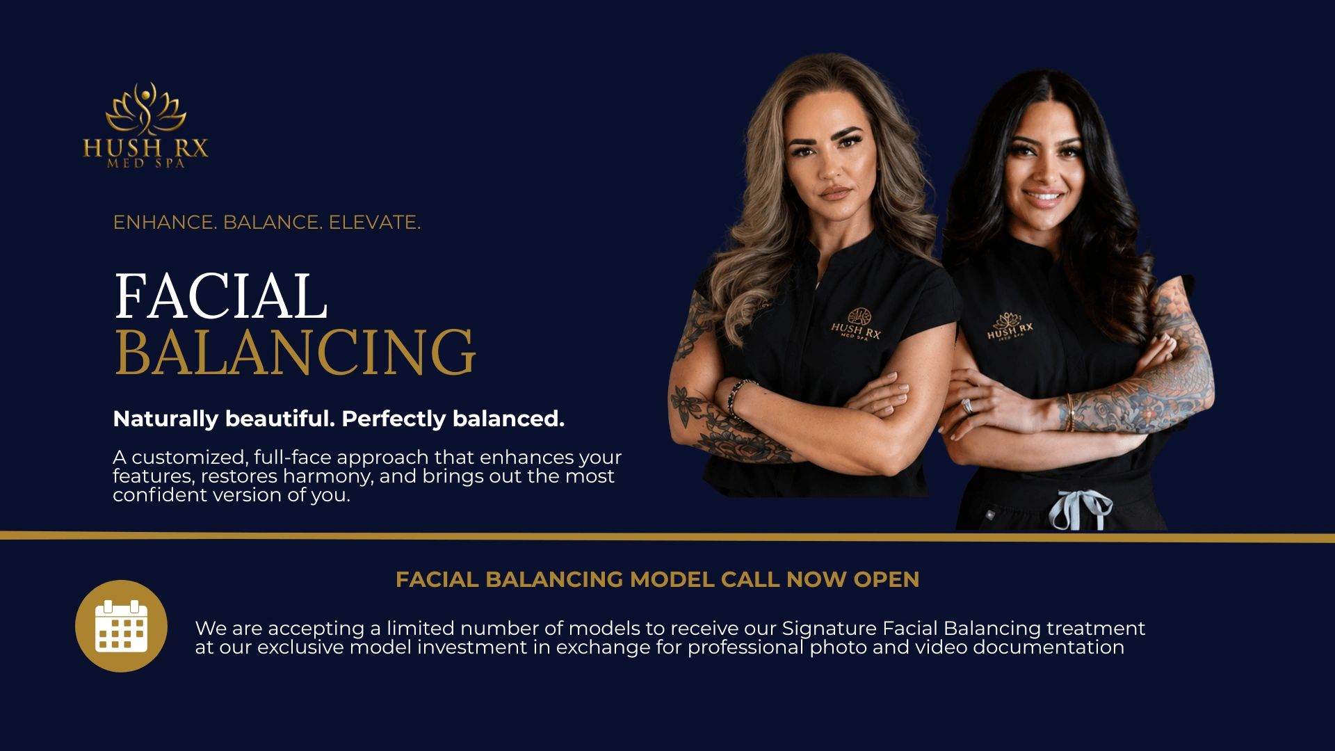 Two women promoting facial balancing treatment at Hush RX Med Spa.
